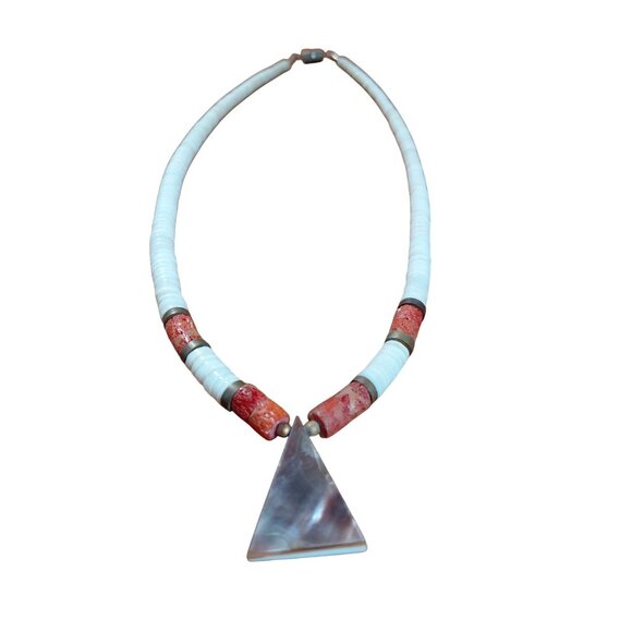 Vintage puka heishi coral pendant necklace abalone - Picture 3 of 5